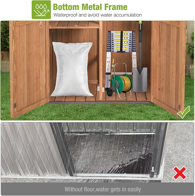 GUTINNEEN Outdoor Storage Shed with All Around Strong Metal Frame, Garden Tool Sheds Cabinet with Floor & Adjustable Shelves, Wooden Tool House for Backyard Garden Patio Lawn (Brown)