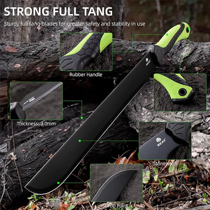 REAT Gardening Heavy Duty Machete,24" Full Tang Machete with Shaeth,Ergonomic No-Slip Handle,Machetes for Bushcraft, Outdoor Hunting, Garden Cutting Trees and Yard Work (Green)