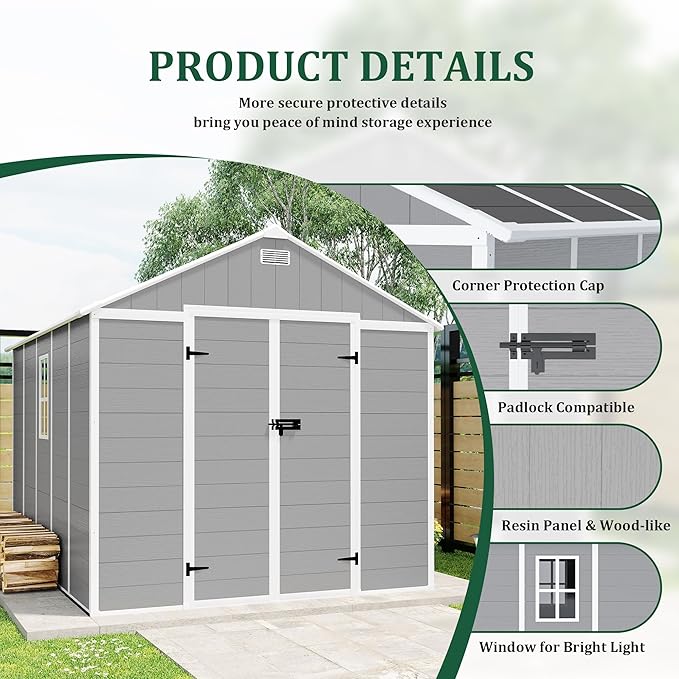 Resin Storage Shed 10x8 ft, Large Garden Shed with Floor, HD Window, Lockable Doors and Vents, 12mm Thick pp Board, Outdoor Storage Sheds for Backyard Patio (Gray, 10 * 8ft)