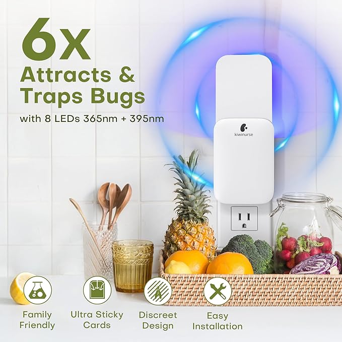 Flying Insect Trap Indoor - Plug-in Fly Catcher and Killers Includes Refills for House Flies, Fruit Flies, Gnats,Cover up to 800 ft², Without Night Mode, Off-White, 1 Traps + 1 Refills