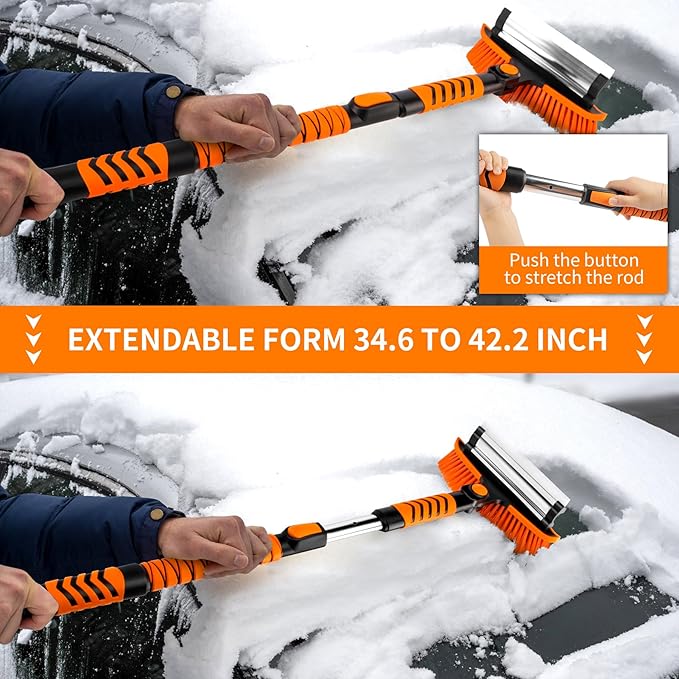METOWARE 44'' Snow Brush and Ice Scrapers for Car Windshield, Extendable Snow Brush for Car with Ergonomic Foam Grip and 360° Pivoting Brush Head for Car SUV Truck