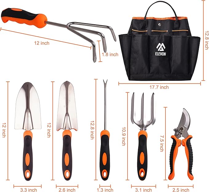 Gardening Tool Set, Stainless Steel Heavy Duty Gardening Kit with Ergonomic Handles, Durable Gardening Bag, Ideal Gardening Tool Set - Suitable for Men and Women (Orange, 7Piece)