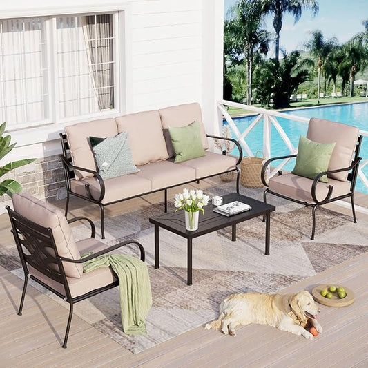Sophia & William 4 Piece Patio Furniture Set, Outdoor Conversation Sets 5 Seat Clearance with 3-seat Sofa x 1, Cushioned Chair x 2, Metal Coffee Table x 1 for Backayrd Lawn, Beige