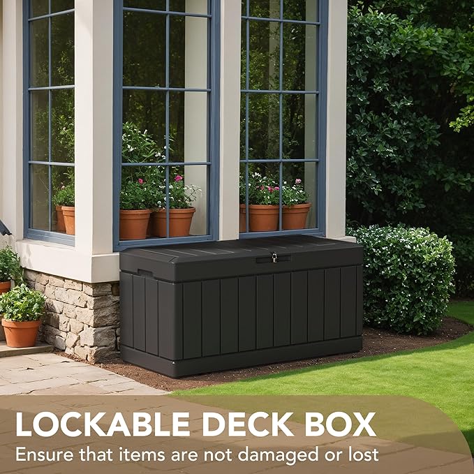 Devoko 85 Gallon Deck Box Lockable Resin Outdoor Storage Box waterproof Outdoor Container for Patio Furniture Cushions, Pillow (Black)
