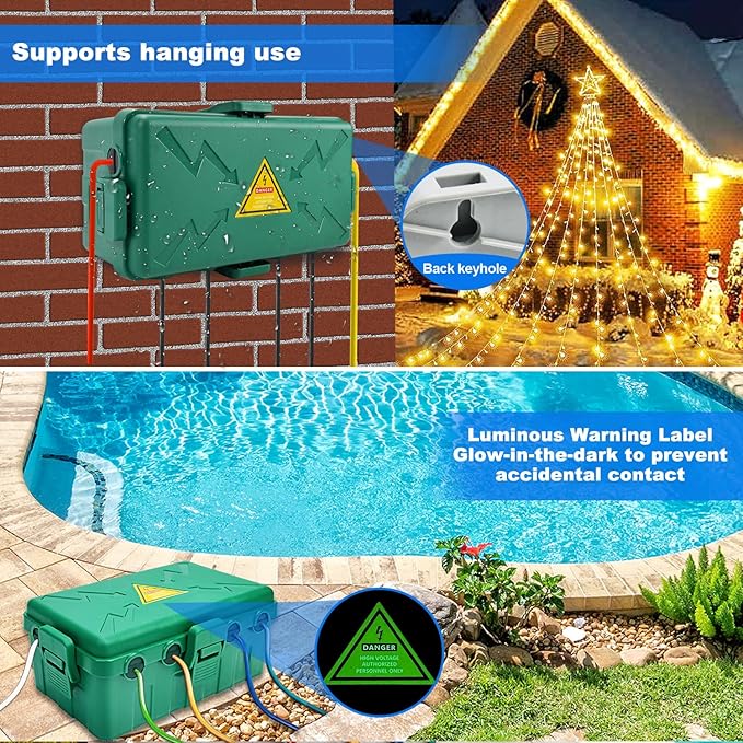 Hrensaw Medium Outdoor Electrical Box(10.6x5.7x4.9inch),Weatherproof Connection Box w/6 Cable Entry,IP54 Waterproof Extension Cord Cover Protect Power Strip,Timer,Plug,Holiday Lights,Green
