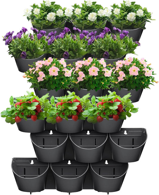Worth Garden Upgraded 6 Sets (18 Pockets) Self Watering Stackable Vertical Planters - Wall Mounted Plastic Plant Grow Pots fr Strawberries Flowers Herbs - Indoor Outdoor Green Wall Decoration (Black)
