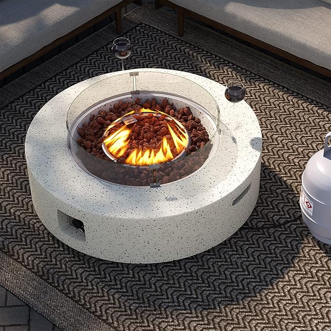 SUNBURY Outdoor 42 Inch Propane Fire Pit Table, Patio Gas Fire Table 50,000 BTU Fire Pit for Outside in Spotted White w Glass Wind Guard, Lava Rocks