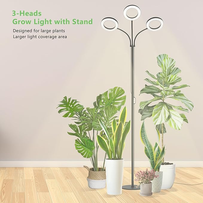 Grow Light for Indoor Plants, 3 Head Full Spectrum LED Tall Plant Lights with Timer, 3 Color Modes Standing Floor Growing Lamp, 74" Height Adjustable, 10 Dimmable Levels for Large Plants