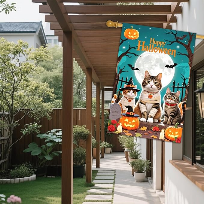 IVN Halloween Cat Garden Flag 28 x 40 Inch Double Sided House Flag with Moon Pumpkin and Bat Design for Spooky Outdoor Porch Decor