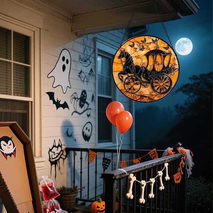 Stained Glass Window Hanging - Halloween Pumpkin Carriage Suncatcher for Doors Window Garden Indoor Spooky Funny Orange Sun Catchers Gothic Decor Horror Gifts for Women Men Friend 7.8 in
