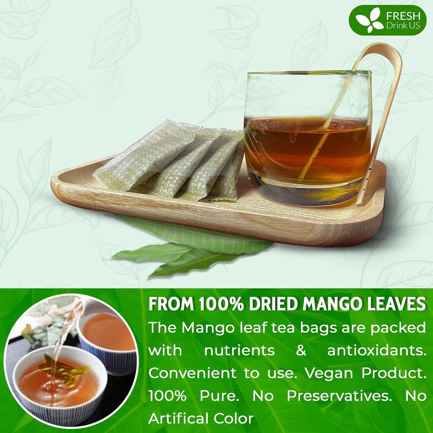 FreshDrinkUS, Premium 100 Mango Leaf Tea Bags, 100% Natural& Pure from Mango Leaves. Loose Leaf Mango Herbal Tea. Mango Leaf Tea. No Sugar, No Caffeine, No Gluten, Vegan.