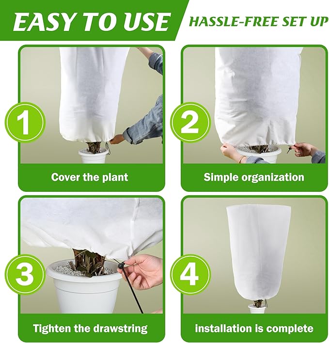 Alpurple 2 Packs Large Size Winter Drawstring Plant Covers- 39 x 63 Inch Warm Plant Protection Cover Bags, Frost Cloth Blanket Protecting Fruit Tree Potted Plants from Freezing Animals Eating