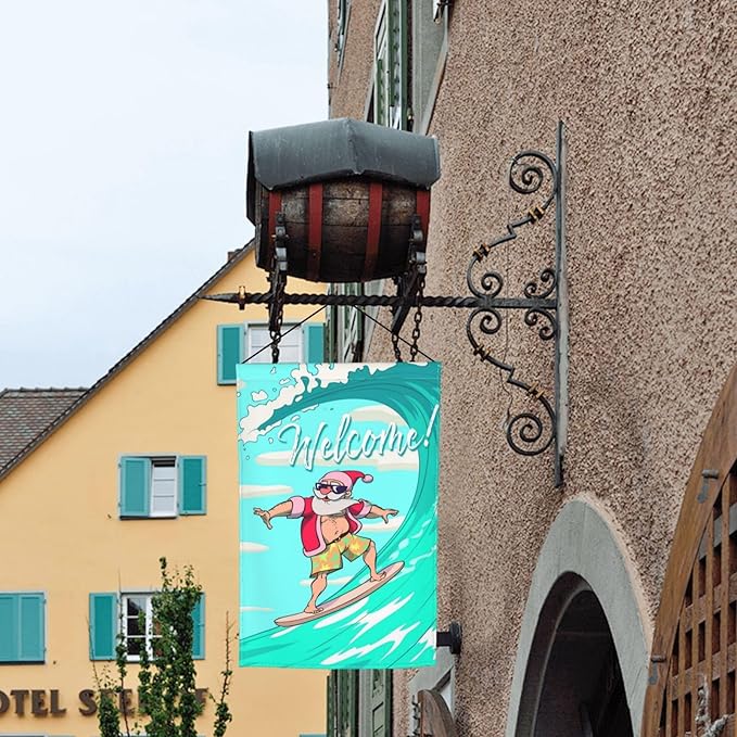 Christmas Santa Claus Hawaii Surfing Beach Garden Flag Welcome Party Outdoor Outside Decorations Picks Home House Garden Yard Decor 12x18 Inch