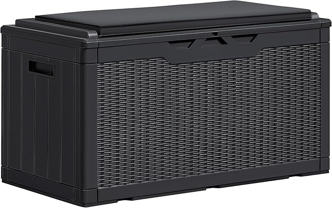 Greesum 100 Gallon Resin Deck Box Large Outdoor Storage Boxes with Cushions for Garden Tools, Patio Furniture Pillows, Pool Supplies, Black