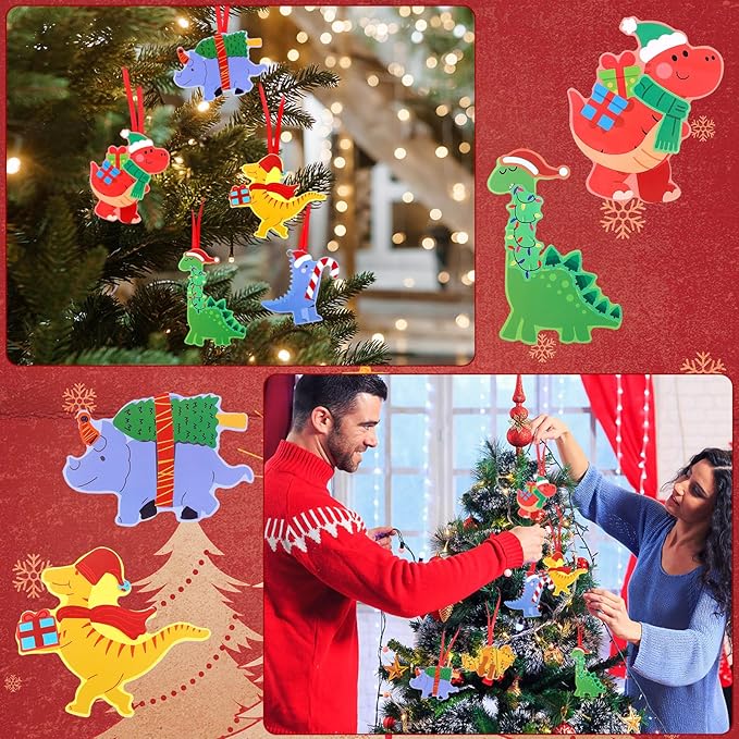 Yexiya 24 Sets Christmas Craft Kits Dinosaur Ornament Craft DIY Dino Hanging Ornaments with Sticker and Ribbon Christmas Tree Santa Hats Candy Canes Hanging Decor for Xmas Party Decoration