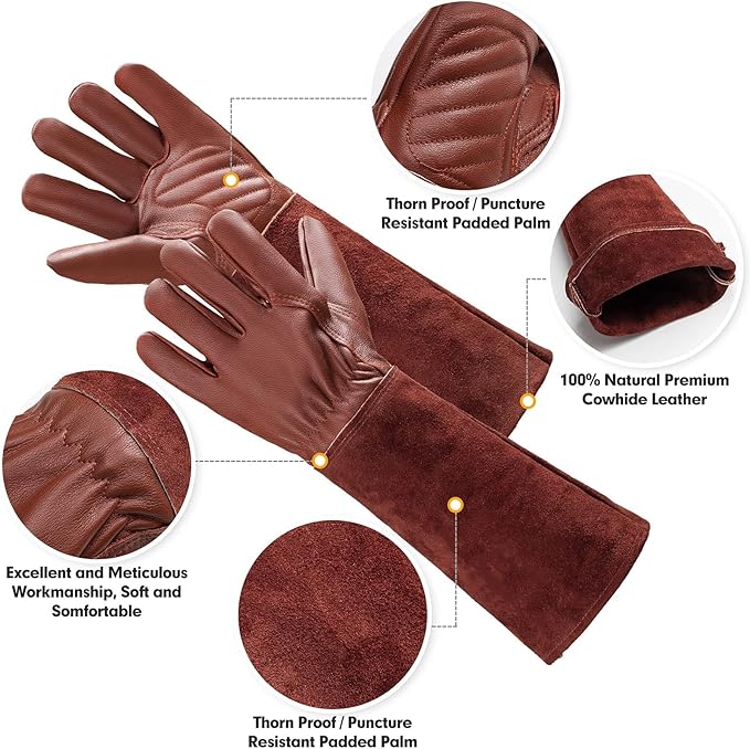 Acdyion Gardening Gloves for Women/Men Rose Pruning Thorn & Cut Proof Long Forearm Protection Gauntlet, Resistant Thick Cowhide Leather Work Garden Gloves