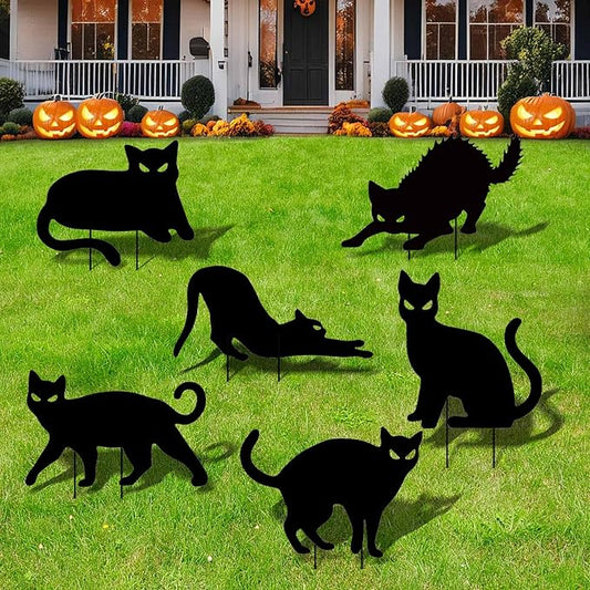 6 Packs Halloween Black Cat Yard Signs with Stakes Black Cat Decor Yard Signs Halloween Yard Decorations for Outdoor Garden Lawn Decor Halloween Party Favor