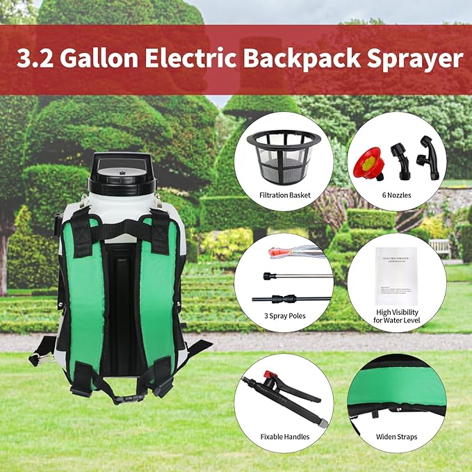 Battery Powered Backpack Sprayer, 3.2 Gallon Electric Garden Pump Sprayer with Lithium Battery, Lawn Sprayer with 6 Nozzles and 3 Wands High-Pressure Spray Hose for Weeding Spraying Cleaning