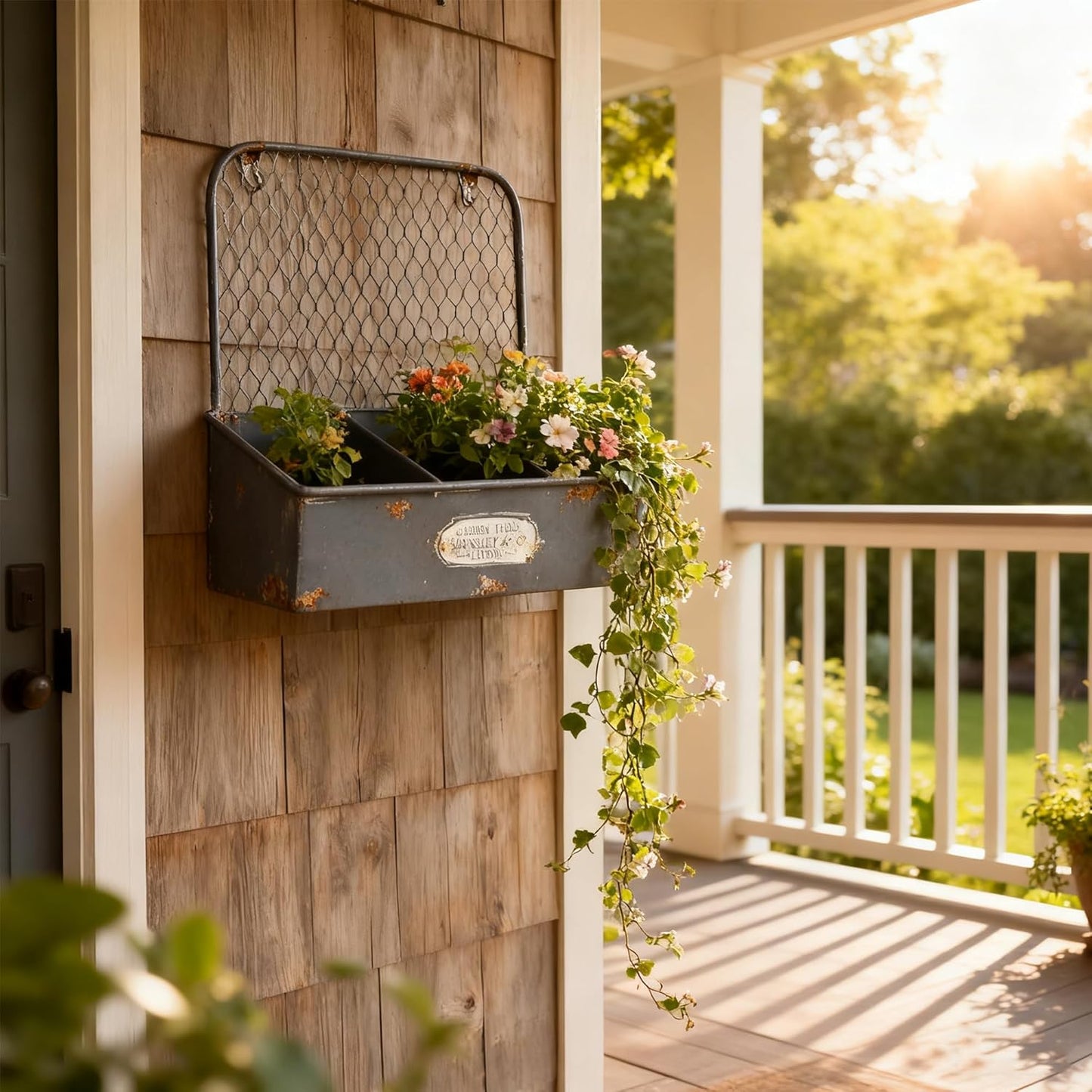 Rustic Metal Wall Mounted Planter Vintage Hanging Flower Pot with 3 Compartments Farmhouse Plants Holder Succulents Tubs for Garden Railing Fence Patio Yard Outdoor Decor