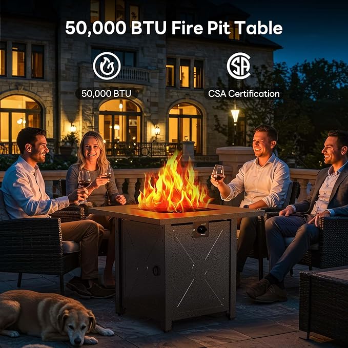28 Inch Propane Fire Pit Table, 3-in-1 Multi-Use 50,000 BTU Square Gas Fire Pit with Lid & Lava Rock, Steel Tabletop, Adjustable Flame, for Patio, Backyard, Deck, Outdoor Gatherings