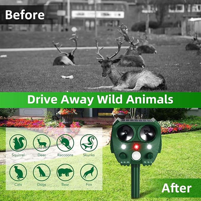 2 Pack 2025 Ultrasonic Animal Repeller Outdoor Solar Deer Repellent Devices with Motion Detection,Waterproof Squirrel Raccoon Fortress Pro Deterrent Light for Cat Skunk Rabbit Dog