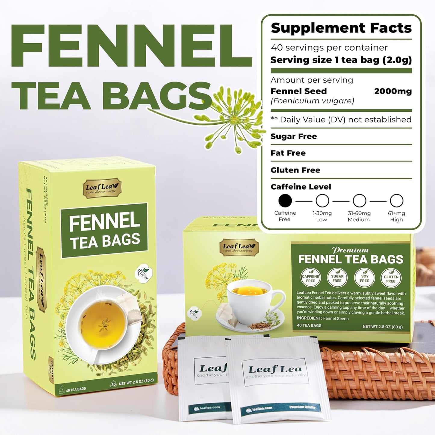 LeafLea 40 Fennel Tea Bags, 100% Natural & Pure Fennel Seed Tea, Gentle Digestion & Fresh Breath, Mild Sweet Finish, Caffeine-Free, Sugar-Free, Vegan, Non-GMO, Individually Wrapped