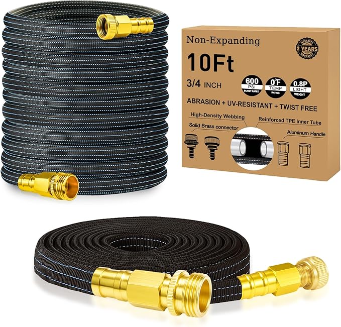 10FT Lightweight Flexible Hose,Solid Brass Head Garden Hose for Boat,RV, Marine Washdown, Lawn,Garden,Camp,outdoor,Superior high pressure TPE water Hose(Solid Brass&BlueBlack, 10 FT)