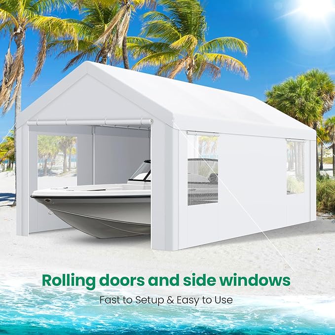 COBIZI Carports 10x20 Heavy Duty Car Canopy Garage with Removable Sidewalls & Doors, Galvanized Frame Portable Carport Canopy with Built-in Sandbags & All-Season Tarp for Car Boat Truck, White