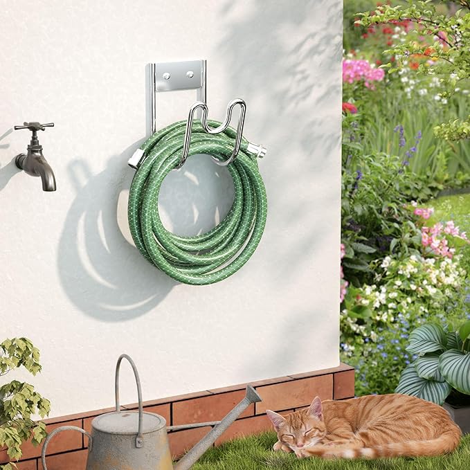 Stainless Steel Garden Hose Holder - Silver SS304 Water Hose Holder - Wall Mounted Hose Hanger Heavy Duty for Water Hose Extension Cords Vacuum Hose, Anti-Rust.