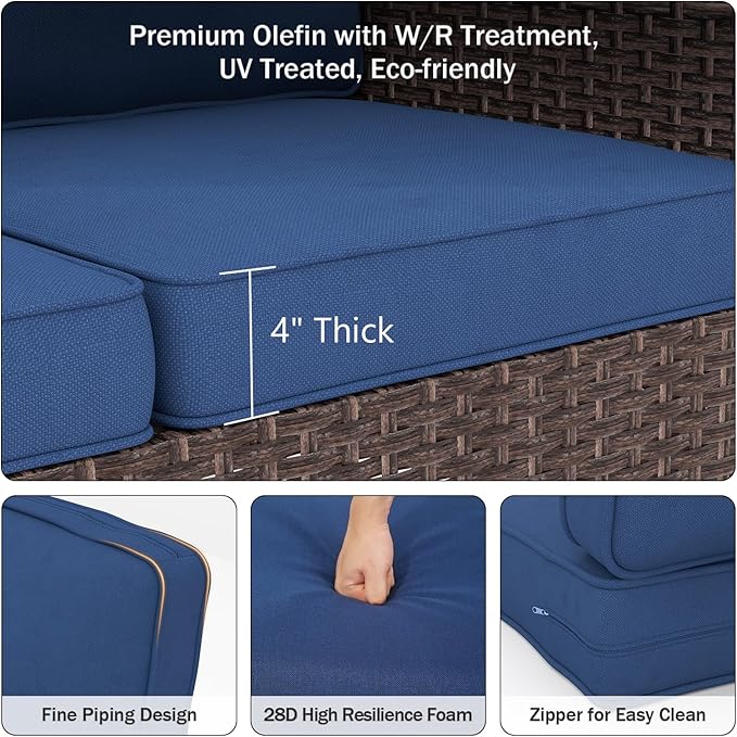 Outdoor Chair Cushions 23" x 24" x 4", Patio Deep Seat Replacement Cushions Set with Zippered Removable Cover, Weather-Resistant Olefin Fabric for Garden Chair Sofa Couch, Set of 4, Blue