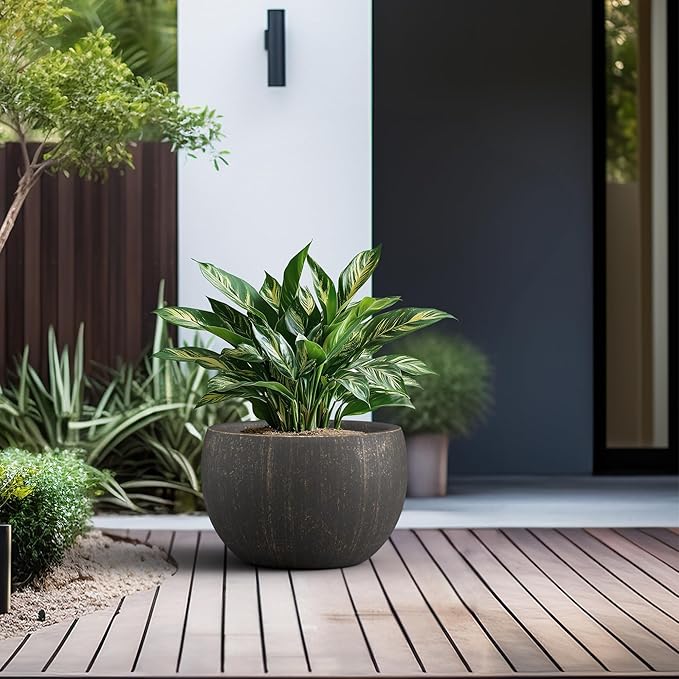 Kante 15.7" Dia Round Concrete Planter, Outdoor/Indoor Large Bowl Plant Pots with Drainage Hole and Rubber Plug for Garden Patio Balcony Home, Oil Rubbed Bronze