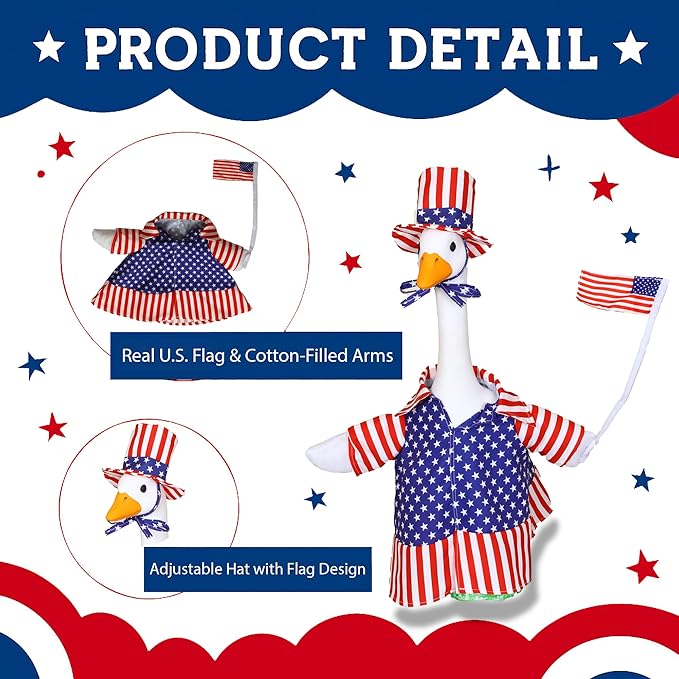 Lawn Goose Outfit – Glossy Cape & Adjustable Hat for 23″ Goose Statue – Halloween & Vampire & USA Flag Costume