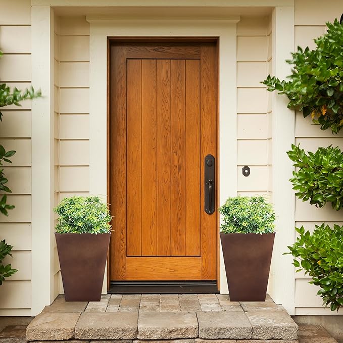 KOL 18''H. Metal Planter with Drainage Hole, Set of 2, Galvanized Steel Planter Pots for Indoor & Outdoor Use, Decorative Flower Plant Pots for Front Porch, Patio, Deck - Rust Color