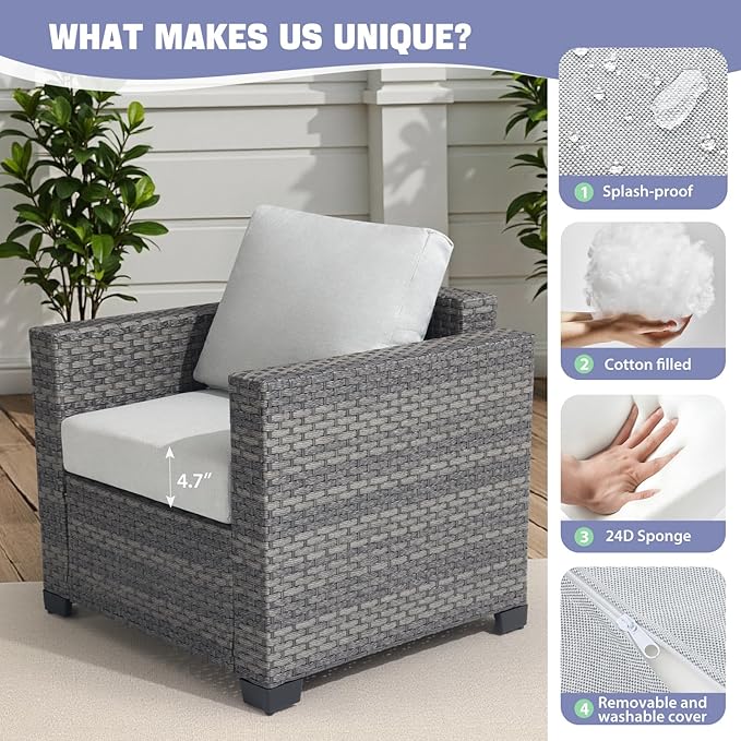 ABCASA Patio Furniture Set, Oversized 7 Piece 5 Seats Comfortable Wicker Rattan Outdoor Furniture Set with Ottoman,Deep Seat & 4.72'' Soft Cushion Patio Conversation Sets for Porch,Deck,Backyard,Grey