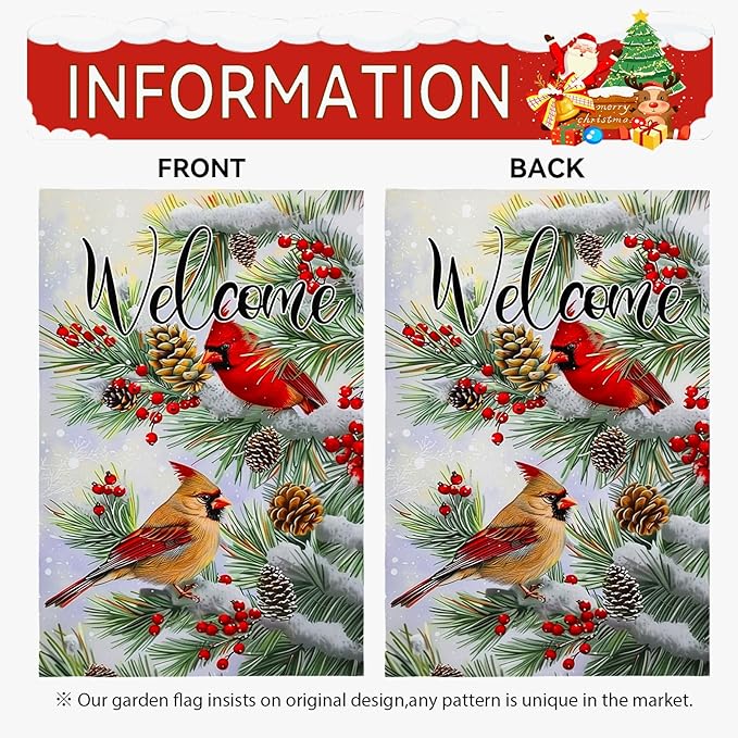 Welcome Winter Garden Flag Christma Cardinal Birds Yard Flag Red Bird Berry Trees Pine Snow Vertical House Banner Pinecone Garden Flags for Xmas Rustic Farmhouse 12x18 Inch