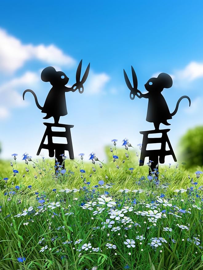 Metal Animal Garden Decor,Funny Mouse Statues for Flower Planter,Indoor and Outdoor Decoration-2 Pack