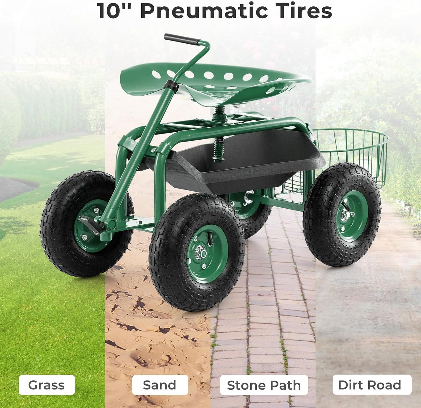 Rolling Garden Seat, Garden Stool with Wheels, Extendable Handle, Storage Basket & Tool Tray, Garden Scooter with 360 Degree Swivel Seat for Outdoor & Yard (Green)