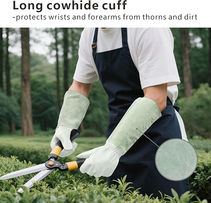 Leather Gardening Gloves – Goatskin Palm & Cowhide Cuff, Thorn-Resistant Long Garden Work Gloves for Men & Women(M)