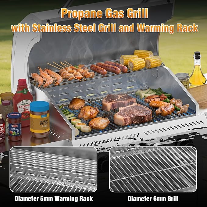 4-Burner Gas Grill,Propane Grill with Folding Side Shelf,Heavy-Duty Thickened Stainless Steel Grill,32,000 BTU BBQ Grill for Outdoor Cooking,Barbecue,Garden and Patio Backyard