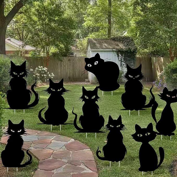 9 Pack Halloween Black Cat Yard Signs with Stakes Tree Decoration Scary Silhouette 9 Styles Halloween Decorations for Outdoor Yard Lawn Garden Decor Made of Plastic Corrugated Board
