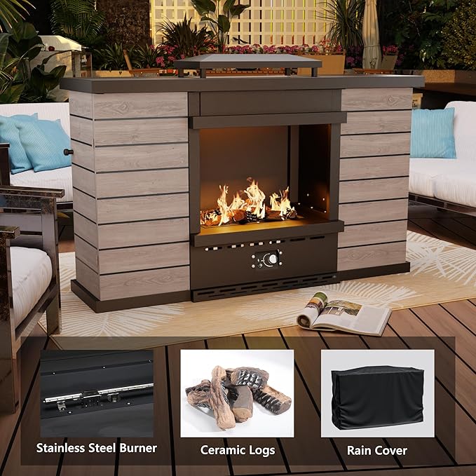63.0''x37.6'' Outdoor Propane Fireplace, 50,000 BTU Vent-Free Gas Heater, CSA Certified Grey & Black Weather-Resistant Steel, Realistic Ceramic Logs, Rain Cover Included