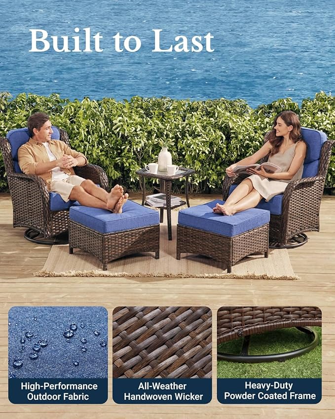 HILLGA Luxury High Back Patio Furniture Set with 6-Inch Thick Cushion, 8-Piece Outdoor Conversation Set with Sofa, Swivel Rocker Chairs & Ottomans, Ideal for Porch Pool Deck Yard (Blue)