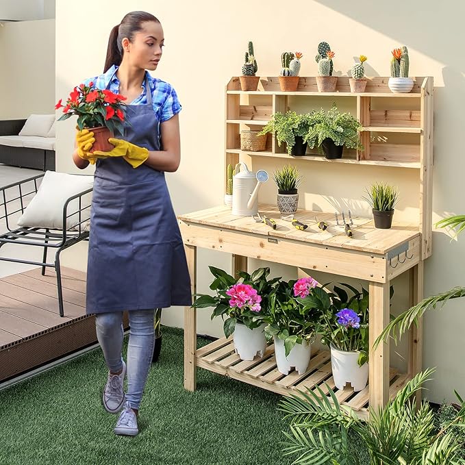 HAPPYGRILL Potting Bench Table, 60.5” Wood Garden Work Bench Workstation with Storage, Flip-Up Tabletop, Shelves & Hanging Hooks, Outdoor Garden Table for Patio, Lawn & Porch