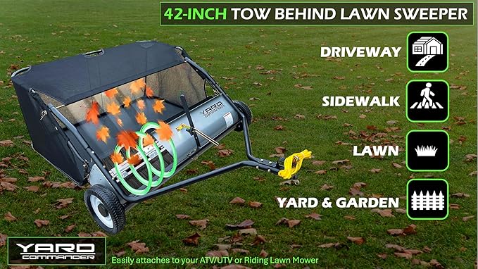42-Inch Tow-Behind Lawn Sweeper, 10" Nylon Brushes, Universal Tractor/ATV Hitch, Never-Flat Wheels, Adjustable Height, 1-Year Warranty, Ideal for Leaves, Grass & Debris