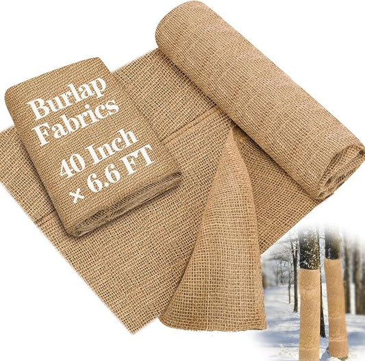 Buryeah 40 Inch x 6.6 ft Burlap Fabrics Roll Natural Jute Burlap Garden Tree Wrap Outdoor Weed Barrier DIY Fall Halloween Craft Winter Frost Plant Landscape Blankets Cloth for Plant Gardening Shrubs