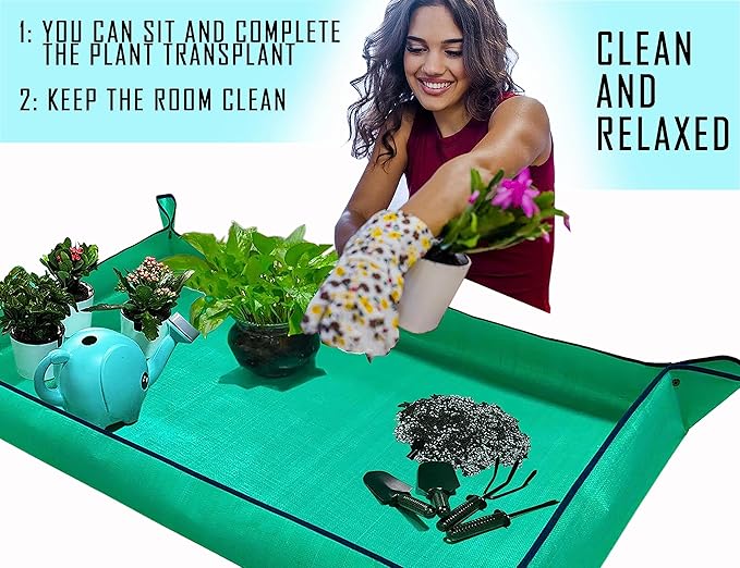 BIUWING Extra Large Plant Repotting Mat,Thickened Waterproof for Indoor Plant Transplanting and Mess Control,Foldable Succulent Portable Gardening Mat (43'*30',Green)