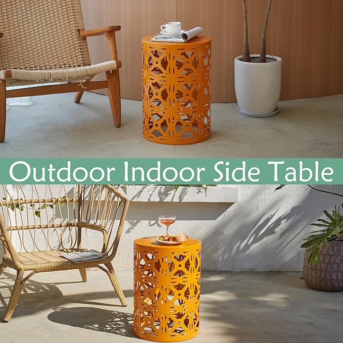 Y&M Patio Side Table,Indoor End Tables for Bedroom, Set of 3 Stacking Coffee Table for Living Room, Outdoor Decorative Garden Stool with Heavy Duty Metal Frame Modern Industrial Decor - Orange