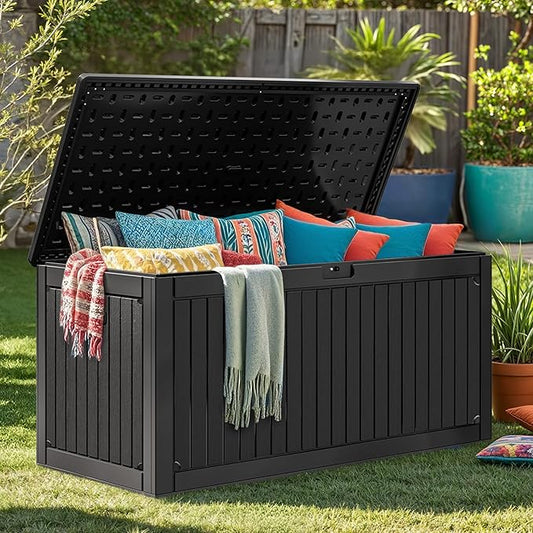 DWVO 260 Gallon Resin Outdoor Storage Box, XXL Double-Wall Waterproof Deck Box with Divider, Doubles as Table or Seating with 1000 lbs Capacity, Lockable (Black)