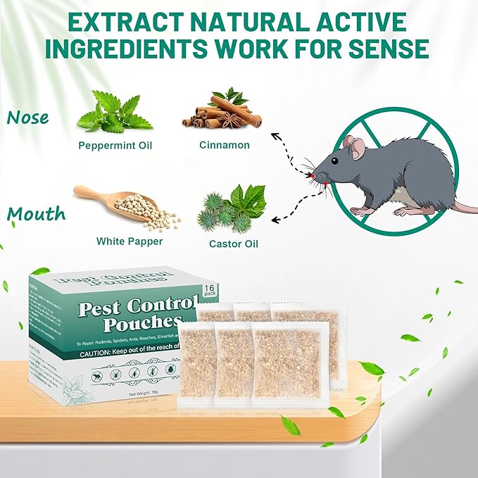 16 Pack Mouse Repellent Pouches Peppermint Oil Mice Deterrent for Indoor & Outdoor Use, Keep Mice, Rats, Squirrel, Spider, Pest Out of Garden Car RV House, Family & Pet Safe