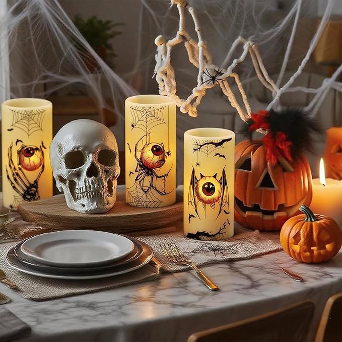 DRomance Halloween Flameless Flickering Candles Battery Operated with Timer, 3 Pack Real Wax LED Pillar Candles Spooky Bloody Eyes Spider Decals Dinner Halloween Decorations Indoor(3" D x 6" H)